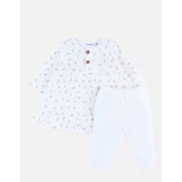 Ensemble Robe Imprimé Végétal + Legging En Jersey Côtelé Ecru
