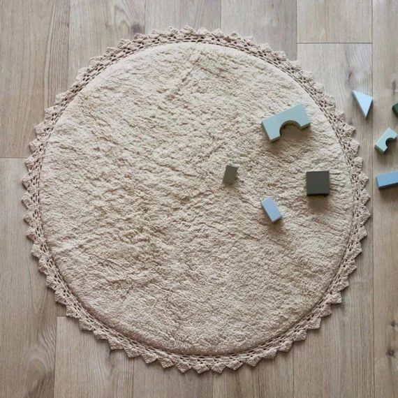 Tapis Rond Coton Lavable Finition Crochet Perla – Nattiot – Sable Beige
