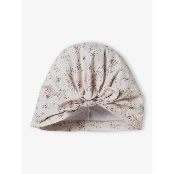 Bonnet esprit turban bébé fille en mailleimprimée beige poudré