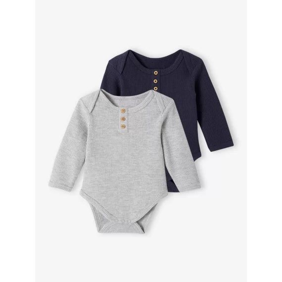 Lot de 2 bodies manches longues bébé maille nid d&rsquo;abeille bleu nuit