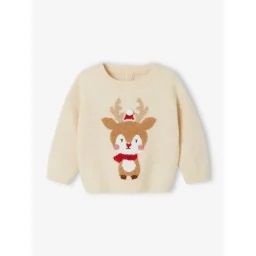 Pull de Noël renne détails brillants bébé beige poudré