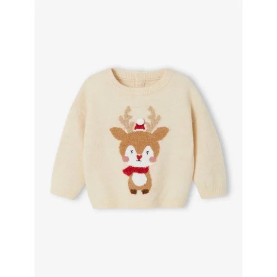 Pull de Noël renne détails brillants bébé beige poudré