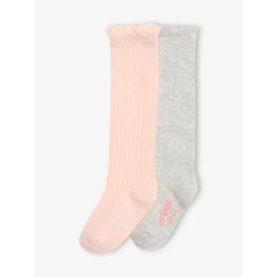 Lot de 2 paires de chaussettes hautes bébé rose poudré + gris chiné