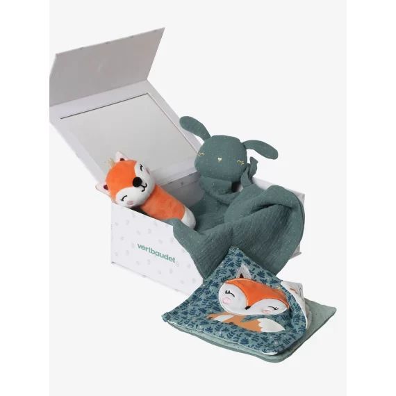 Coffret cadeau 3 pièces : doudou lange + hochet + livre imagier forêt enchantée