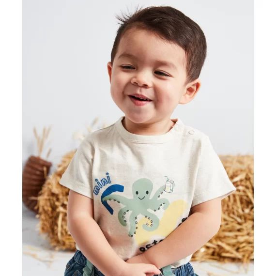 T-shirt bébé garçon en coton écru chiné avec pieuvre –  – Soldes
