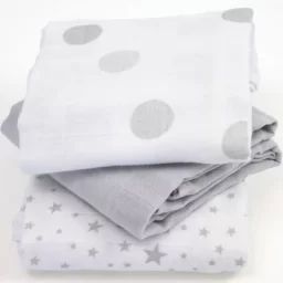 Lot de 3 langes en coton bio imprimés gris (60 x 60 cm)