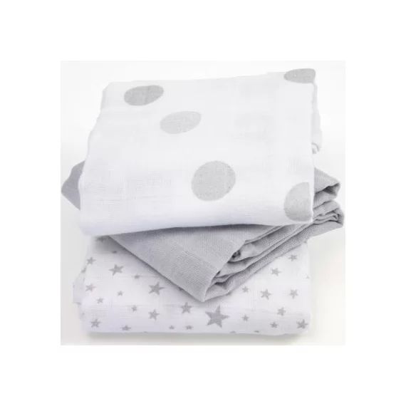 Lot de 3 langes en coton bio imprimés gris (60 x 60 cm)