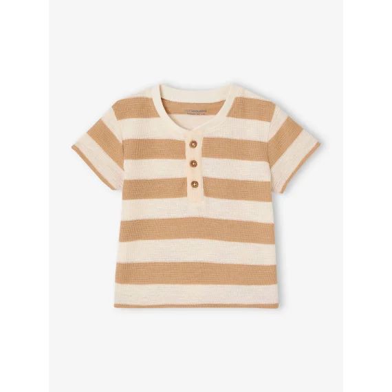 T-shirt rayé bébé en maille nid d&rsquo;abeille cappuccino
