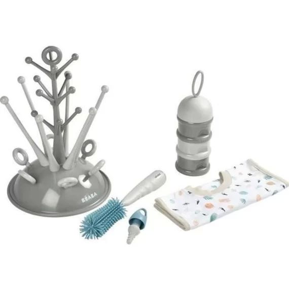 BEABA, Coffret naissance, Egoutte biberon arbre grey + Boite doseuses light/dark mist + Goupillon silicone + Bavoir coton tropicalgris