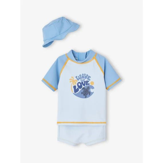 Ensemble de bain anti-UV T-shirt + boxer + bob bébé garçon bleu océan