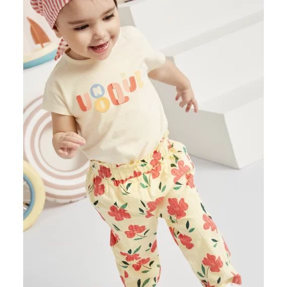 Pantalon fluide bébé fille jaune en coton imprimé avec fleurs –  – Soldes