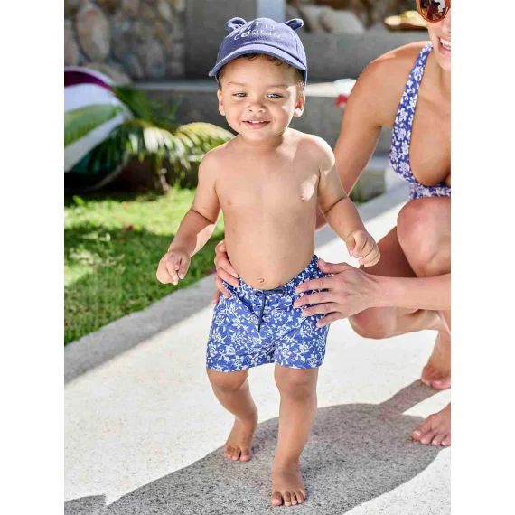 Short de bain imprimé fleurs stylisées bébé garçon bleu imprimé