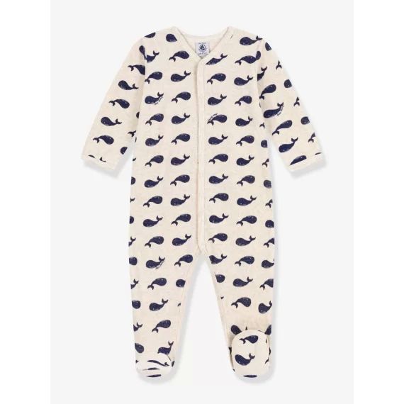 Pyjama bébé baleines marines en velours PETIT BATEAU beige chiné