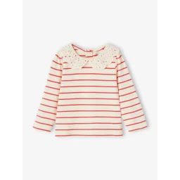 T-shirt col brodé bébé manches longues rayé rouge