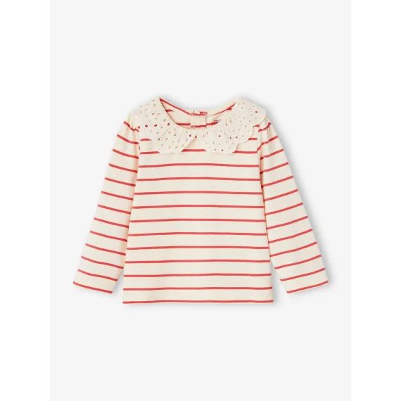 T-shirt col brodé bébé manches longues rayé rouge
