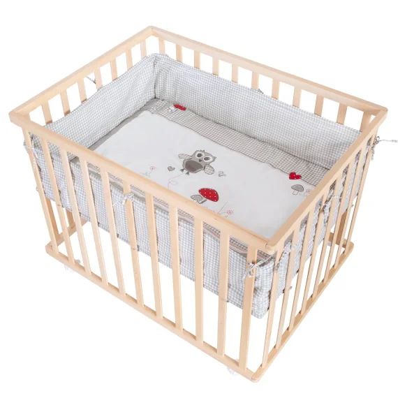 Parc Bébé En Bois Massif + Tapis Imprimé Hibou Adam & Eule Naturel – Hibou