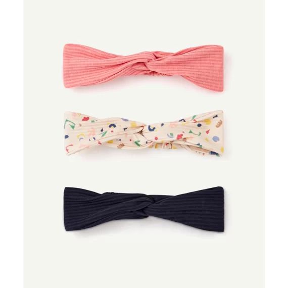 Lot de 3 bandeaux bébé fille à côtes rose marine et imprimé