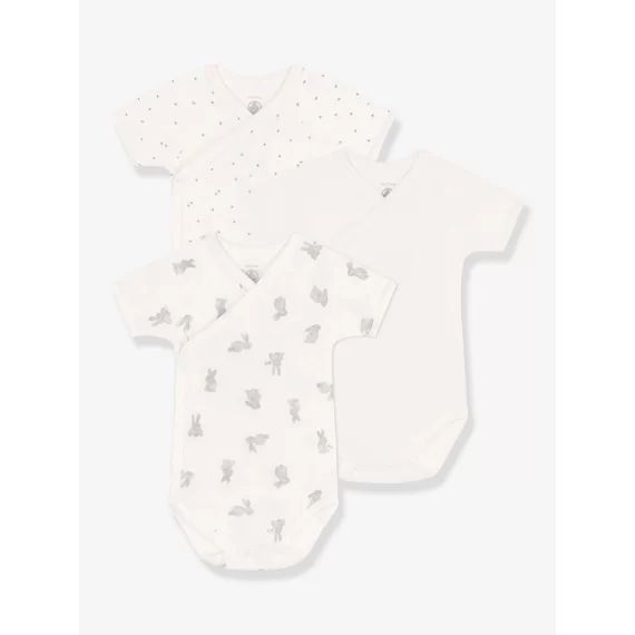 Lot de 3 bodies croisés manches courtes lapins bébé PETIT BATEAU blanc