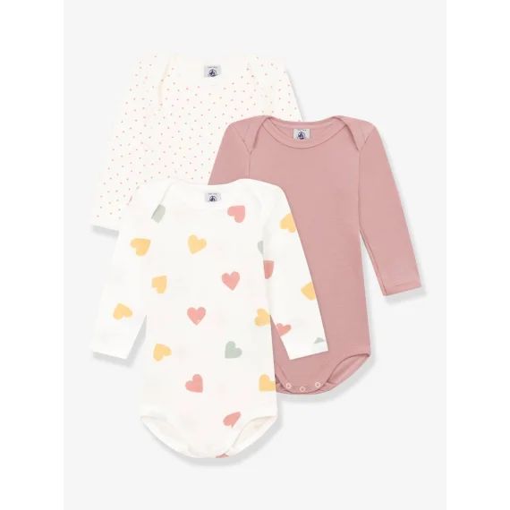 Lot de 3 bodies manches longues coeurs bébé en coton PETIT BATEAU blanc imprimé