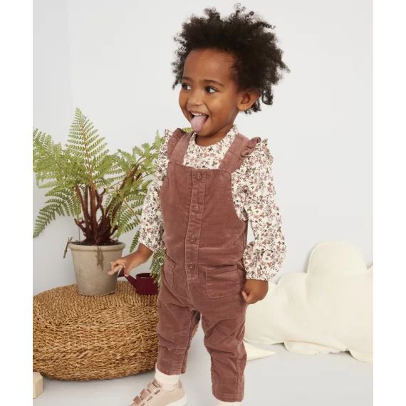 Salopette marron avec bretelles volantées bébé fille –  – Soldes