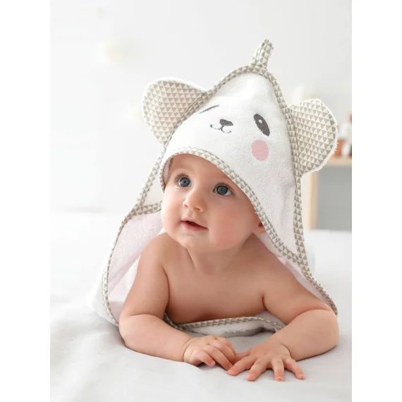 Cape de bain bébé à capuche brodée animaux blanc