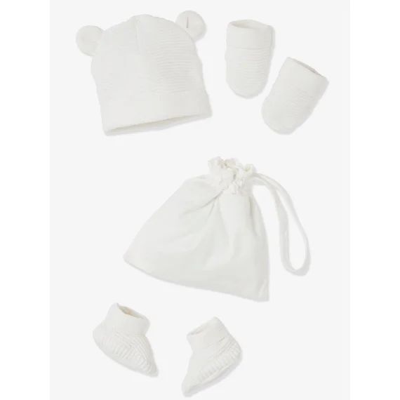 Ensemble bonnet, moufles et chaussons bébé naissance et son sac assorti écru
