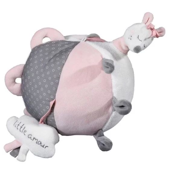 Jouet d&rsquo;éveil pour bébé – SAUTHON – Balle en velours Rose – Diamètre 18cm – Personnages en relief et grelot rose