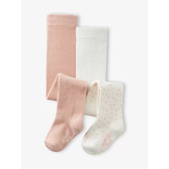 Lot de 2 paires de collants à pois/unis bébé fille rose poudré