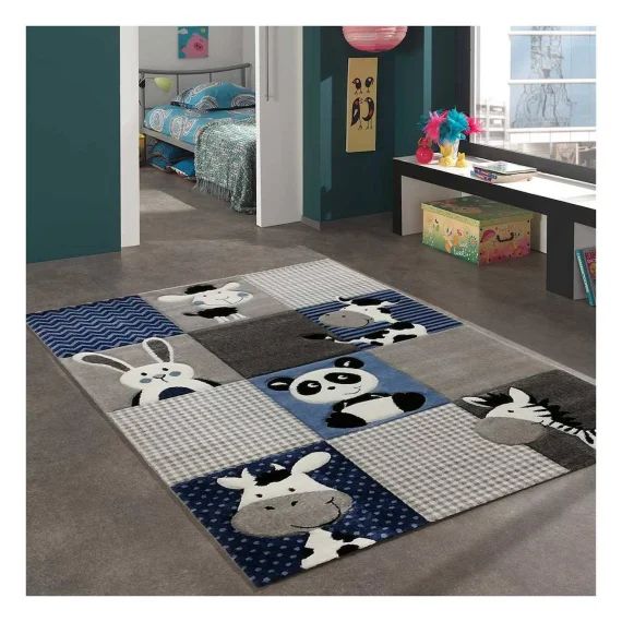 Tapis Enfant Tissé Motif Animaux Zoo Bleu