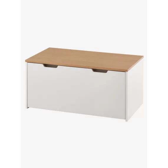 Banc coffre de rangement sur roulettes blanc/bois