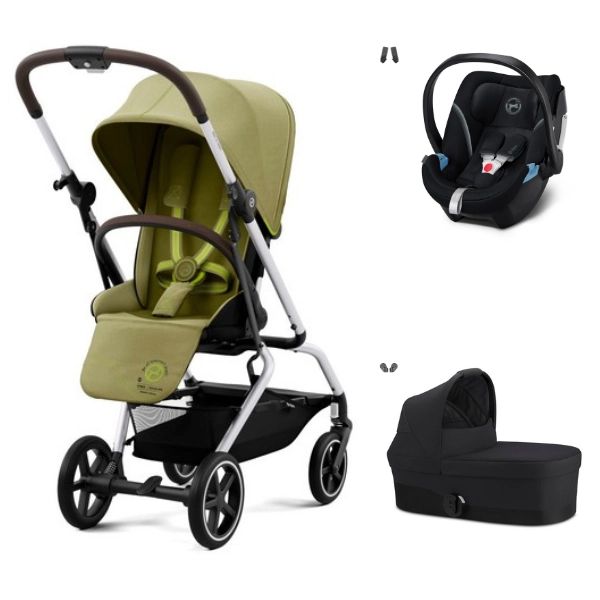 Poussette Cybex Eezy S Twist PLUS 2 – Châssis Silver/ Siège Nature Green + Nacelle S – Moon Black + Coque Auto Aton 5 – Deep Black