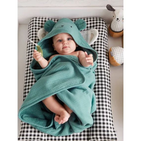 Cape de bain + gant en gaze de coton bio*, vert