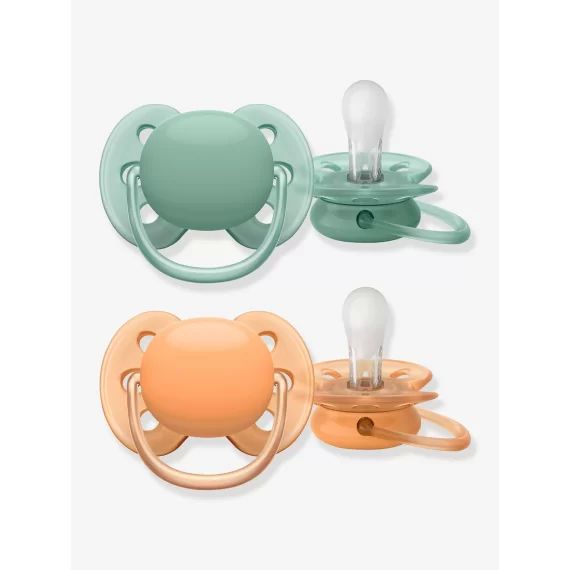 Lot de 2 sucettes ultra soft 1er âge Philips AVENT vert d&rsquo;eau + rose orangé
