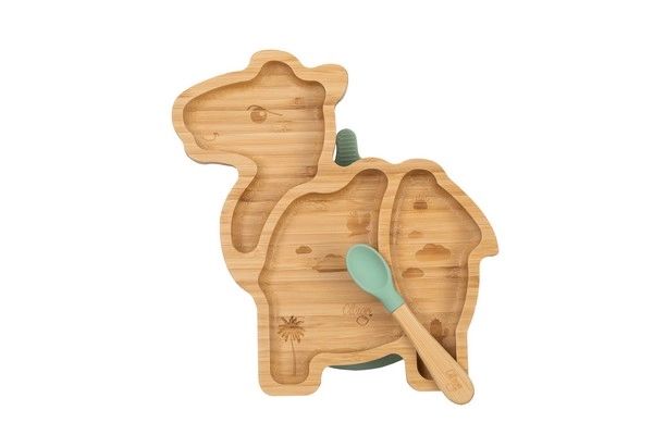 Assiette Ventouse Citron + Cuillère Bambou – Camel