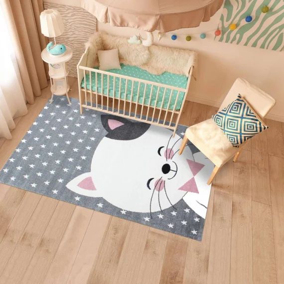 Tapis Enfant Tissé Motif Animaux Kid Chat Rose
