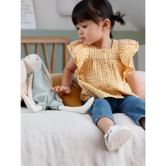 Ensemble blouse vichy en seersucker et jean large bébé carreaux ocre