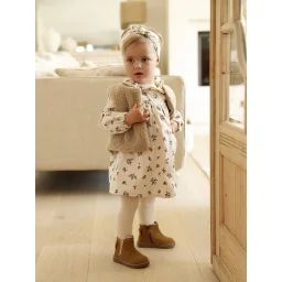Coffret bébé robe + gilet + bandeau vanille