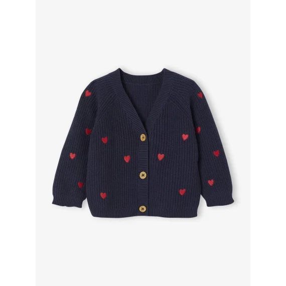 Gilet brodé col V bébé en côtes anglaises marine