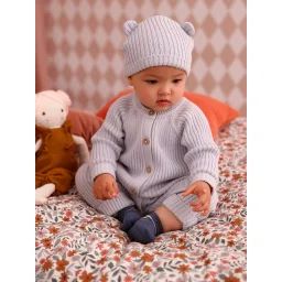 Ensemble bébé combinaison en tricot et bonnet à oreilles assorti bleu pâle