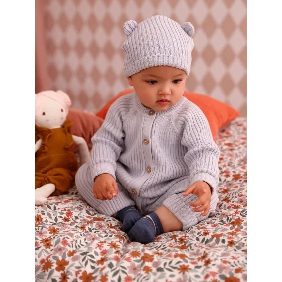 Ensemble bébé combinaison en tricot et bonnet à oreilles assorti bleu pâle