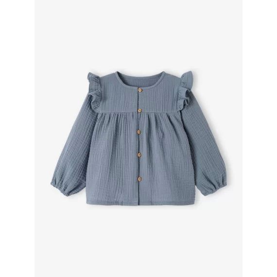 Blouse à volants bébé en gaze de coton bleu ciel