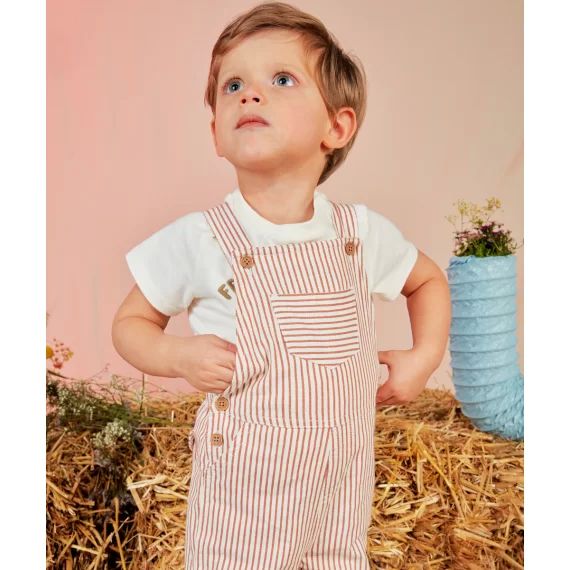 Salopette short bébé garçon rayée écru et marron –  – Soldes
