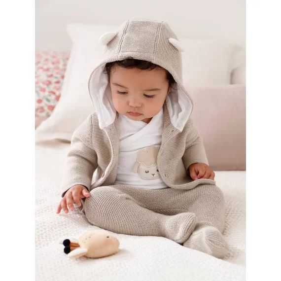 Ensemble naissance 3 pièces en point mousse beige chiné