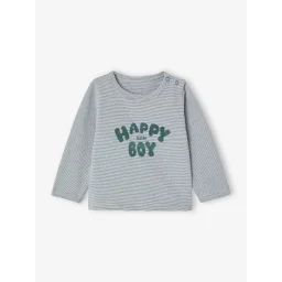 Tee-shirt douillet à fines rayures bébé ouverture pressionnée épaule bleu grisé