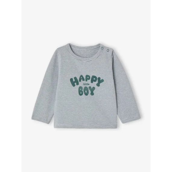 Tee-shirt douillet à fines rayures bébé ouverture pressionnée épaule bleu grisé