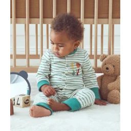 Dors bien pressionné bébé en coton bio côtelé écru vert et rayé
