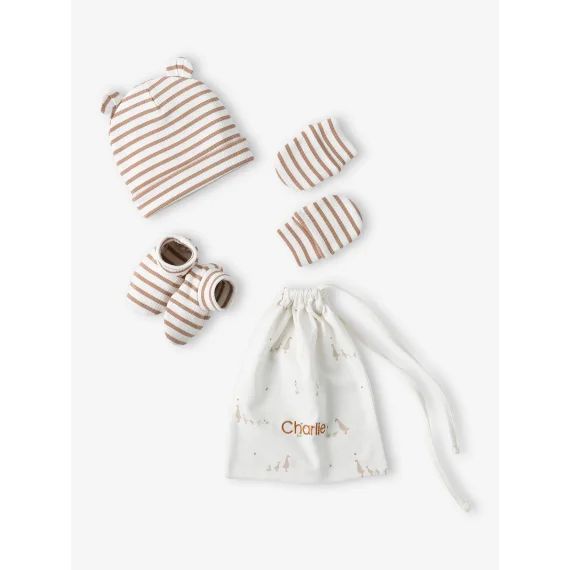 Ensemble naissance bonnet + moufles + chaussons + pochon personnalisable cappuccino