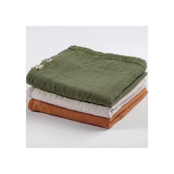 Lot de 3 langes en coton bio Naturel/Kaki/Noisette (70 x 70 cm)
