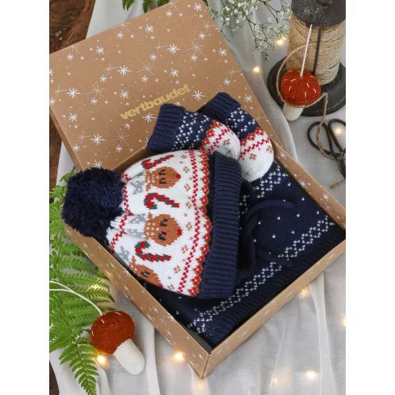 Coffret de Noël Renne bébé garçon ensemble bonnet + snood + moufles marine